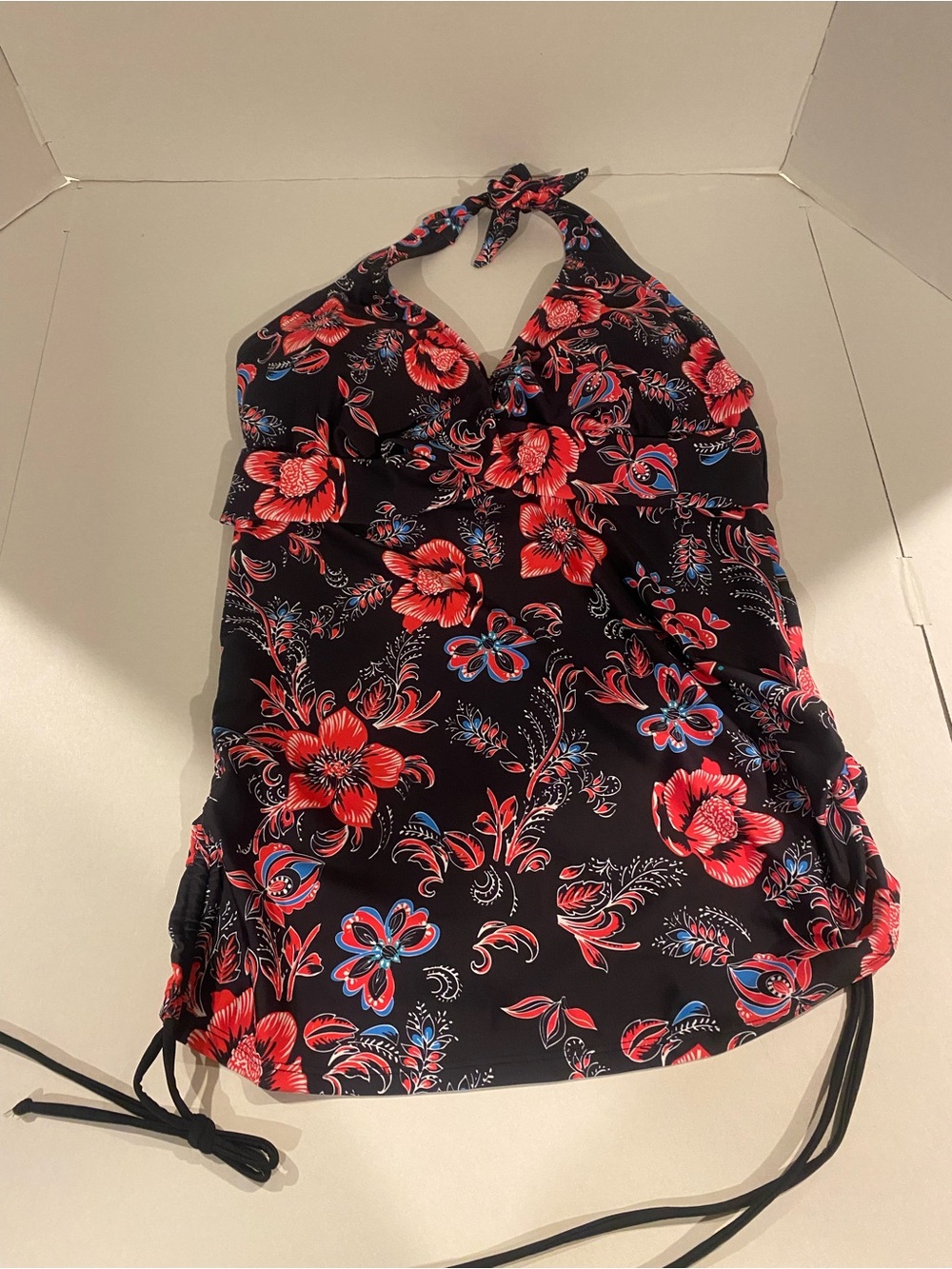 Floral Black Halter Swim Tankini Top - Red & Blue Flower Print